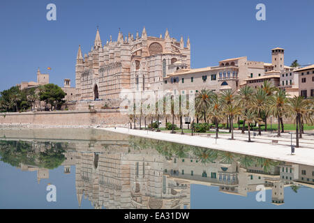 Kathedrale von Santa Maria von Palma und Almudaina-Palast am Parc De La Mar, Palma De Mallorca, Mallorca, Balearen, Spanien Stockfoto