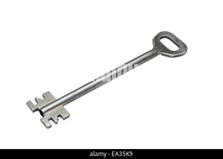 alte silberne Schlüssel auf weißem Hintergrund Stockfoto
