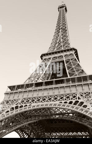 Nachschlagen auf Eiffelturm, dem beliebtesten Wahrzeichen von Paris. Monochrome vertikale Foto Stockfoto