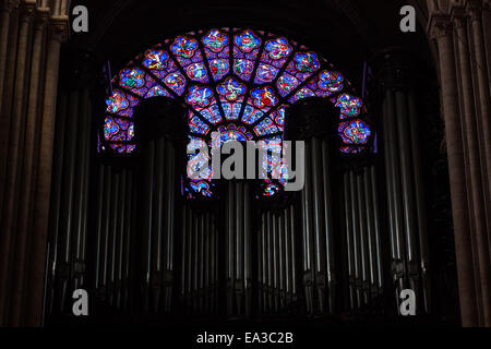 Paris, Frankreich - 11. August 2014: Runde mittelalterlichen Glasfenster und Orgel im dunklen Inneren des Notre Dame de Paris cathedra Stockfoto