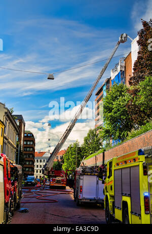 Feuerwehr auf einer Leiter Stockfoto