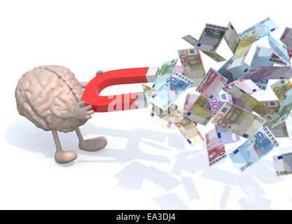 menschlichen Gehirns mit Armen, Beinen und Magnet an Händen, fangen viele Euro-Banknoten, 3d illustration Stockfoto