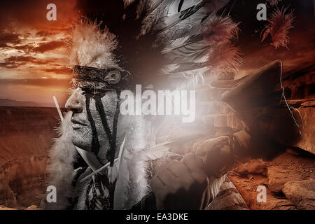 Native american indian Chiet bei Sonnenuntergang Stockfoto
