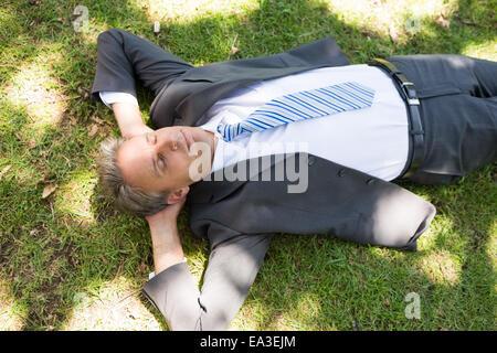 Geschäftsmann auf dem Rasen liegend Stockfoto