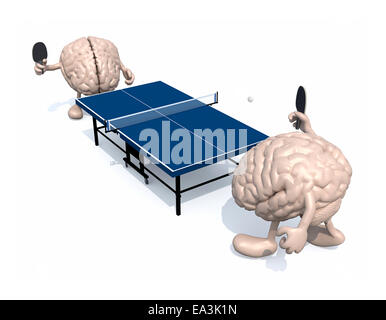 zwei menschliche Gehirne mit Armen und Beinen, die spielen, Tischtennis, 3d illustration Stockfoto