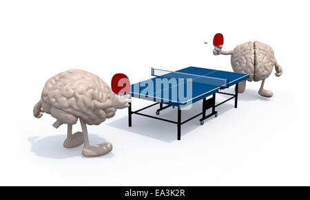 zwei menschliche Gehirne mit Armen und Beinen, die spielen, Tischtennis, 3d illustration Stockfoto