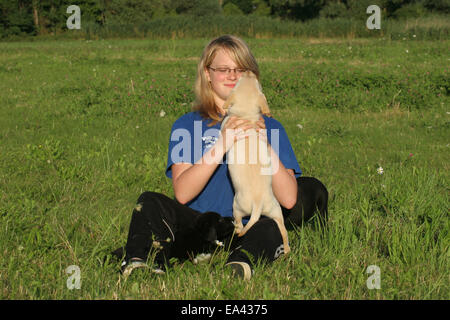 Mädchen mit Labrador Retriever Welpen Stockfoto