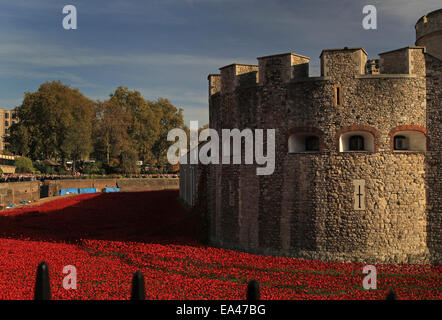 Keramik Mohn Installation Blut Mehrfrequenzdarstellung Länder und Meere von Red The Tower of London Stockfoto