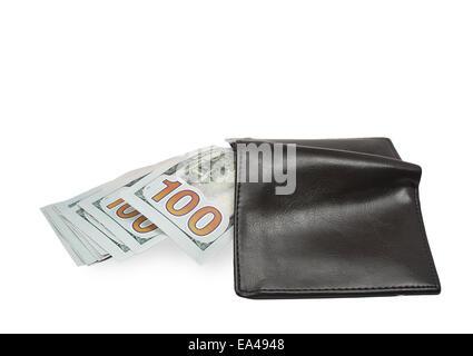 Neue 100-Dollar-Banknoten in Brieftasche isoliert auf weißem Hintergrund Stockfoto