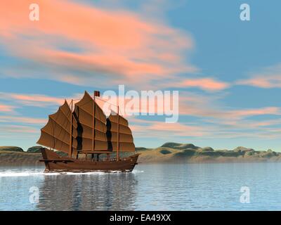 Orientalische Junk bei Sonnenuntergang - 3D render Stockfoto