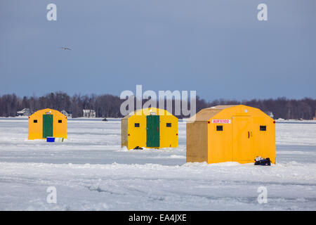 Eis-Fischerhütten am Lake Simcoe. Stockfoto