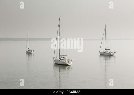 Segelboote vor Anker in der Morgendämmerung, Ynys Llanddwyn Island, Anglesey, North Wales, UK Stockfoto