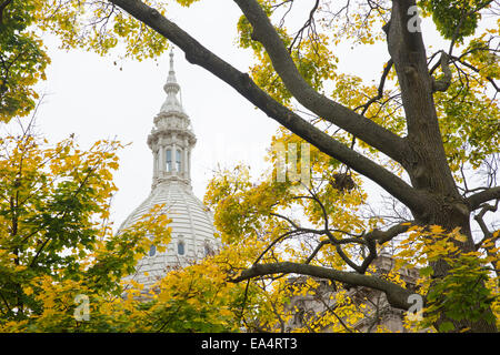 Lansing, Michigan - der Michigan State Capitol-Gebäudes, umrahmt von Herbstlaub von den Bäumen auf dem Gelände des Kapitols. Stockfoto