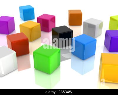 bunte Würfel auf weißem Hintergrund. Digital generiert. Stockfoto