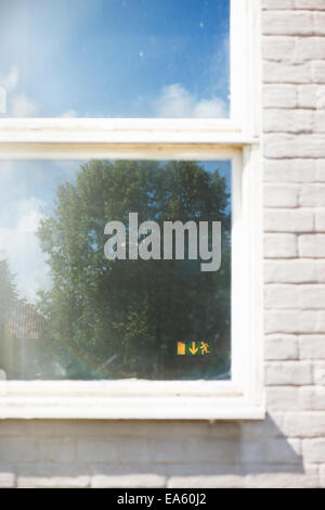Notausgangsschild durch die Reflexion von Baum und Himmel auf Fensteroberfläche sichtbar. Stockfoto