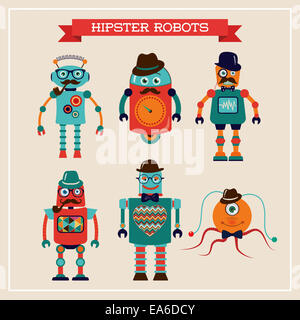 Satz von niedlichen retro Vintage Hipster-Roboter Stockfoto