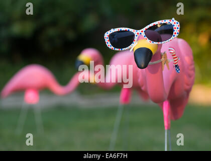 Rosa Kunststoff Flamingos im Hinterhof Stockfoto