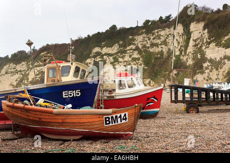 Bier, East Devon, UK, 15. Januar 2011: traditionelle Fischerboote am Kiesstrand in diesem Fischerdorf auf ausgearbeitet. Stockfoto