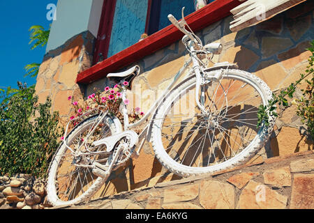 Weiße Vintage Fahrrad mit roten Blüten steht in der Nähe von alten Steinmauer Stockfoto