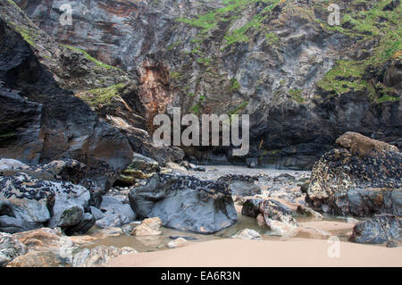 Steinen und Fels-Pools am Strand von Bedruthan Steps in der Nähe von Mawgan Porth in Cornwall, England. Stockfoto