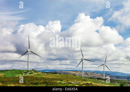 Windkraftanlagen auf einem Hügel für die Erzeugung von sauberer und erneuerbarer Energie in Terras Altas de Fafe, Portugal Stockfoto