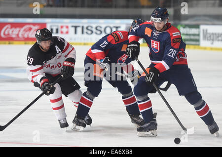 München, Deutschland. 7. November 2014. Kanadas Chris Abbott (L) und der Slowakei Radek Deyl in Aktion während des Deutschland-Cup match zwischen Kanada und der Slowakei in die Olympische Eissporthalle in München, 7. November 2014. Foto: ANDREAS GEBERT/Dpa/Alamy Live-Nachrichten Stockfoto