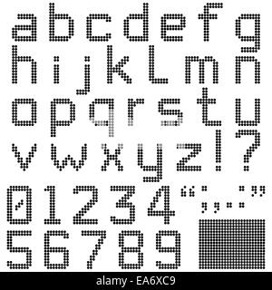 Kleinbuchstaben-Alphabet, Ziffern und Satzzeichen in Retro-Runde-Pixel-Font. Isoliert und freie Pixel enthält. Stockfoto