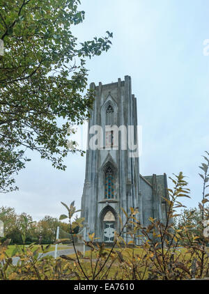 Landakotskirkja (beis Kirche), offiziell benannt Basilika Krists Konungs (The Basilica of Christ der König), ist die Kathedrale Stockfoto