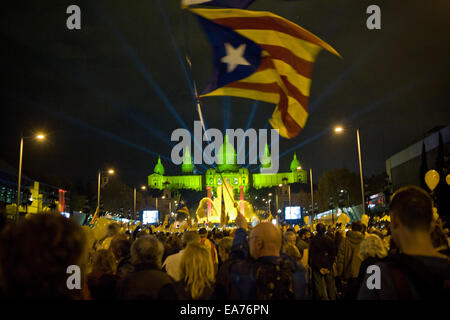 Barcelona, Spanien. 7. November 2014. In Barcelona "Wellenlinien" ein Mann ein Pro-Unabhängigkeit katalanische Flagge, wie "Estelada" während der letzten Sitzung organisiert von Katalonien National Assembly (ANC). Die inoffizielle katalanische Unabhängigkeit Abstimmung wird dieser Sonntag 9. November stattfinden.  Das spanische Verfassungsgericht am 4. November bestellt der katalanischen Regierung, die geplante Abstimmung auszusetzen, aber regionale Führer Artur Mas hat geschworen, organisiert von Freiwilligen ohne eine offizielle Wählerverzeichnis am Sonntag Stimmzettel, voranzutreiben. Bildnachweis: Jordi Boixareu/Alamy Live-Nachrichten Stockfoto