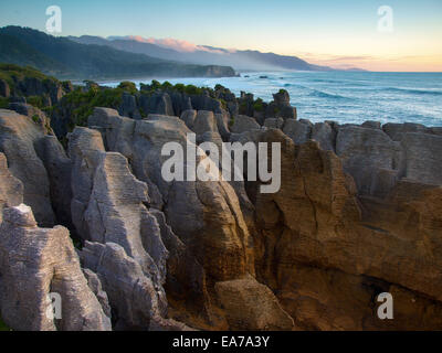 Pancake Rocks in Punakaiki, gesehen vom Aussichtspunkt, West Coast, Südinsel, Neuseeland Stockfoto