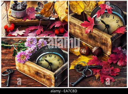 regnerischen Herbstwetter, alte Uhr, Laub Stockfoto