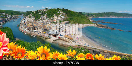 Looe Panorama Strand Flusshafen & Stadt vom Westen Looe Caradon South East Cornwall South West England UK Stockfoto