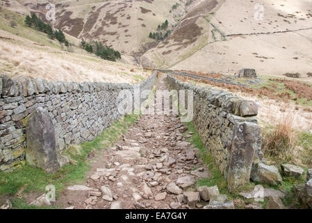 Steig bei Jacobs Ladder mit Stein Wand seitlich. Edale Tal im Peak District, Derbyshire Stockfoto