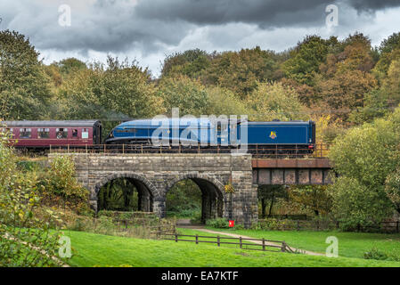 Die A4 Pacific Sir Nigel Gresley kreuzt die Grate Park-Viadukt. Der East Lancashire Railway Herbst Dampf Gala Oktober 2014. Stockfoto