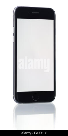 neues Smartphone mit leeren Bildschirm auf weißem Hintergrund Stockfoto