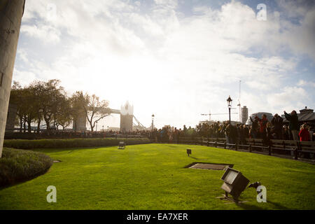 London, UK. 8. November 2014. Menge Mohn Display am Tower of London und Tower Bridge im Hintergrund zu betrachten. Bildnachweis: Dave Stevenson/Alamy Live-Nachrichten Stockfoto