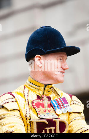 London, UK. 8. November 2014. Lächelnd auf dem Pferderücken Soldat während des Oberbürgermeisters Prozession. Bildnachweis: Dave Stevenson/Alamy Live-Nachrichten Stockfoto