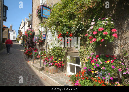 Bunker Hill gepflasterten Straße mit Blüten in hängenden Körben & Wannen im ältesten Teil von St Ives in der Nähe des Hafens Penwith West C Stockfoto