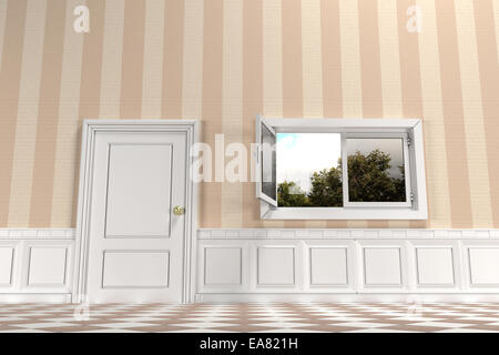 3D-Rendering eines Raumes und ein offenes Fenster Stockfoto