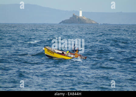 Fischer-Makrele-Futter aus kleinen gelben Fischerboot SS225 in St Ives Bay aus Godrevey mit Leuchtturm im Hintergrund Penwith Stockfoto