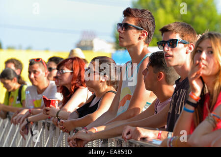 BENICASSIM, Spanien - 20 Juli: Menge in einem Tageslicht-Konzert am FIB Festival am 20. Juli 2014 in Benicassim, Spanien. Stockfoto