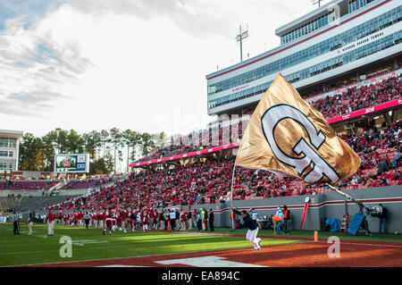 Raleigh, North Carolina, USA. 8. November 2014. 8. November 2014 feiert - Raleigh, NC, USA - A Georgia Tech Yellow Jackets Cheerleader einen gelben Jacken Touchdown am Samstag-Spiel gegen die North Carolina State Wolfpack. Die Yellow Jackets besiegte das Wolfpack, 56-23. Bildnachweis: Timothy L. Hale/ZUMA Wire/ZUMAPRESS.com/Alamy Live-Nachrichten Stockfoto