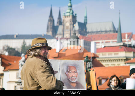 Streetart-Künstler auf der Karlsbrücke in Prag, Tschechische Republik, Europa Stockfoto