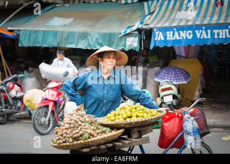 Vietnamesische Frau verkaufen frisches Obst vom Fahrrad im Dong-Xuan-Markt in der Altstadt von Hanoi Stockfoto