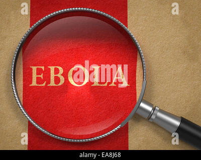Ebola durch Lupe auf dem alten Papier. Stockfoto