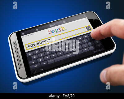 Werbung im Suchstring - Finger drückt den Knopf auf modernen Smartphone auf blauem Hintergrund. Stockfoto