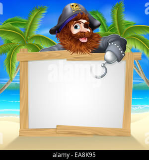 Pirate Beach Zeichen Außenillustration ein lustiges Cartoon Cartoon Pirat über ein Schild an einem Strand zeigend Stockfoto