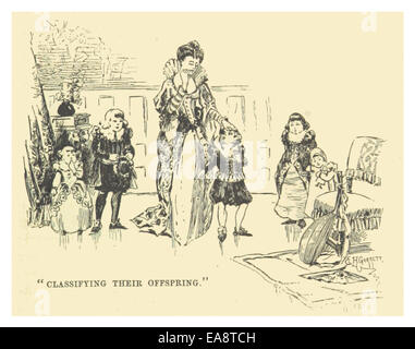 Diese Illustration aus Mark Twains *die Abenteuer von Huckleberry Finn* aus dem Jahr 1883 zeigt auf humorvolle Weise Twains Klassifizierung verschiedener Tiere und spiegelt seinen satirischen Stil wider. Das Bild zeigt eine Szene aus dem Buch, die Twains Witz und Beobachtungshumor zu sozialen Themen der Zeit hervorhebt. Stockfoto