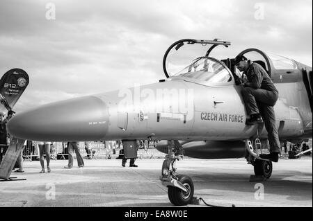 Ein kleiner Junge bekommt einen tschechischen Luftwaffe Aero l-159 Alca multi-Role Flugzeug auf dem Malta International Airshow 2014 gezeigt. Stockfoto