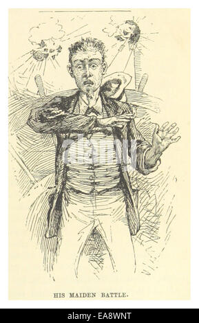Eine Illustration aus *MARK TWAIN(1883)*, die eine Szene aus *His Maiden Battle* zeigt, eine Geschichte in Twains Werken. Das Bild spiegelt den literarischen Kontext des späten 19. Jahrhunderts wider und hebt Humor und historische Kommentare hervor. Stockfoto